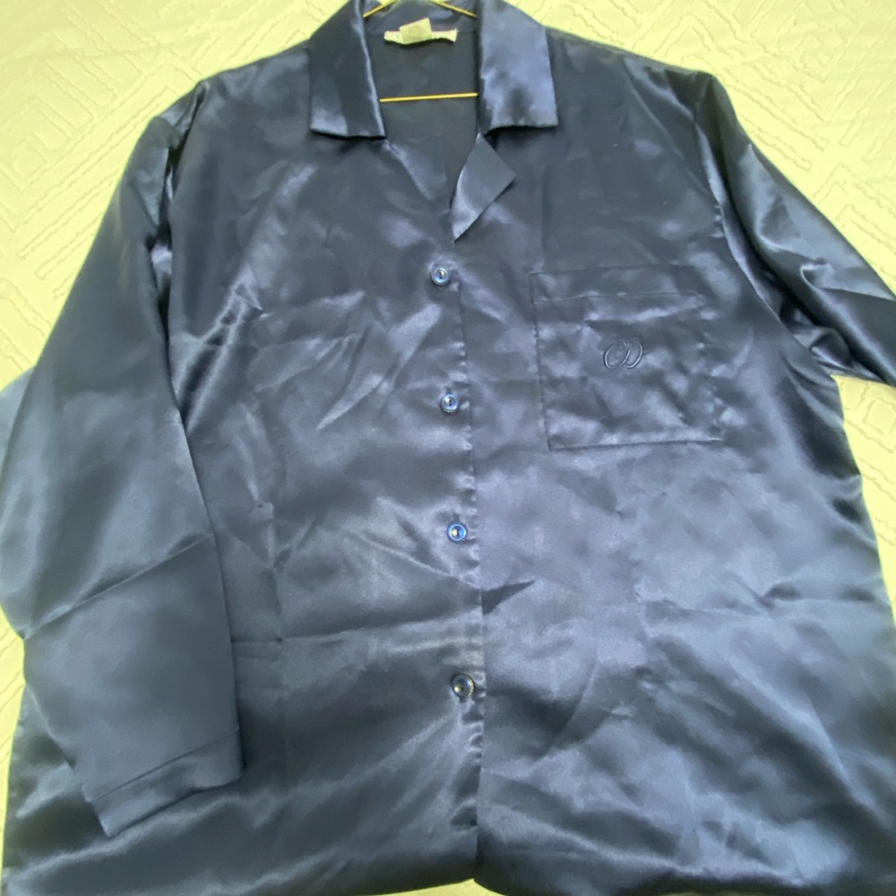 Dior Midnight Blue Satin Button Down Shirt and pj pants